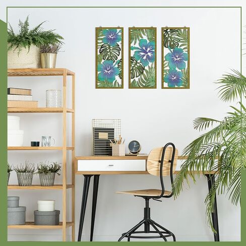 Threehoney 3 Pcs Tropical Wall Decor 3D Wooden Palm Leaf Wall Art Minimalist Monstera Wall Sculptures Wood Hibiscus Flowers Hanging Decor Vintage Plant Plaque for Home Bathroom Office (Floral Style) in Saudi Arabia