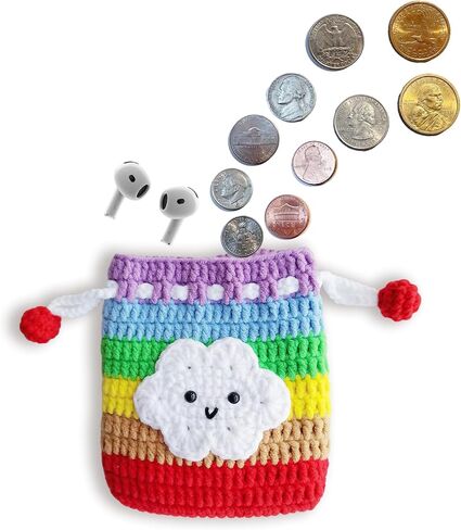 Small Crochet Purse 100% Handmade Knitted Storage Bag Cute Funny Kawaii Coin Change Purse Pouch Mini Cartoon Shark Funny Plush Drawstring Headphone Wallet for Women Girls Gift (Rainbow) in Saudi Arabia