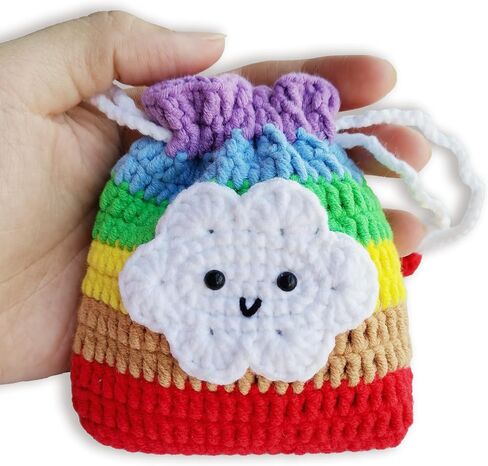 Small Crochet Purse 100% Handmade Knitted Storage Bag Cute Funny Kawaii Coin Change Purse Pouch Mini Cartoon Shark Funny Plush Drawstring Headphone Wallet for Women Girls Gift (Rainbow) in Saudi Arabia