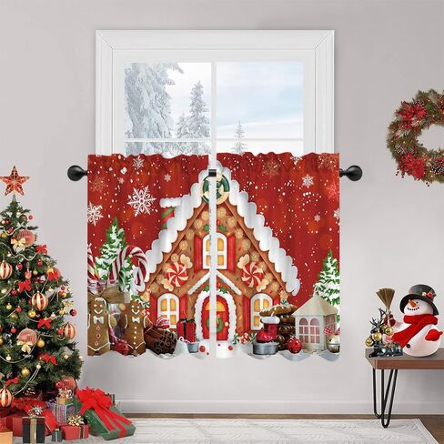 Red Christmas Gingerbread House Window Treatment Tiers Candy Cane Snowflake Wonderland Xmas Pine Tree Theme Kitchen Living Room Small Window Decor Polyester Supplies 26x36 Inches 2 Panels in Saudi Arabia