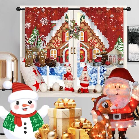 Red Christmas Gingerbread House Window Treatment Tiers Candy Cane Snowflake Wonderland Xmas Pine Tree Theme Kitchen Living Room Small Window Decor Polyester Supplies 26x36 Inches 2 Panels in Saudi Arabia