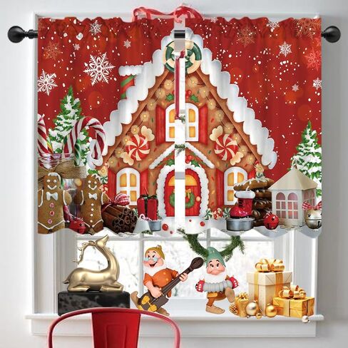 Red Christmas Gingerbread House Window Treatment Tiers Candy Cane Snowflake Wonderland Xmas Pine Tree Theme Kitchen Living Room Small Window Decor Polyester Supplies 26x36 Inches 2 Panels in Saudi Arabia
