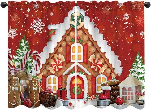 Red Christmas Gingerbread House Window Treatment Tiers Candy Cane Snowflake Wonderland Xmas Pine Tree Theme Kitchen Living Room Small Window Decor Polyester Supplies 26x36 Inches 2 Panels in Saudi Arabia
