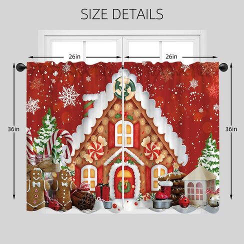 Red Christmas Gingerbread House Window Treatment Tiers Candy Cane Snowflake Wonderland Xmas Pine Tree Theme Kitchen Living Room Small Window Decor Polyester Supplies 26x36 Inches 2 Panels in Saudi Arabia