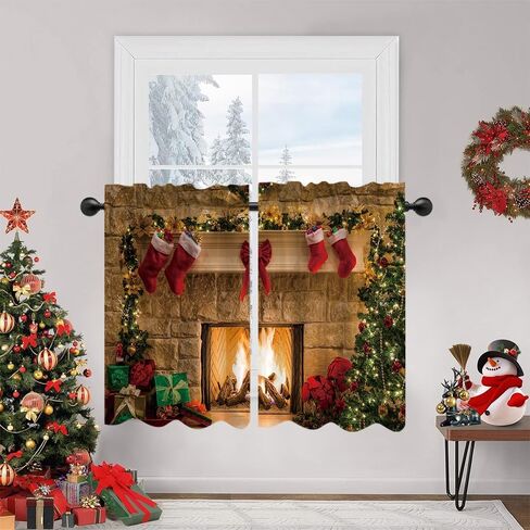 Red Christmas Gingerbread House Window Treatment Tiers Candy Cane Snowflake Wonderland Xmas Pine Tree Theme Kitchen Living Room Small Window Decor Polyester Supplies 26x36 Inches 2 Panels in Saudi Arabia