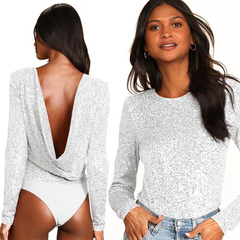 JWJP & CCYIQI Long Sleeve Sequin Bodysuit Glitter Parkle One Peace One With Mesh Mesh Thong in Kuwait