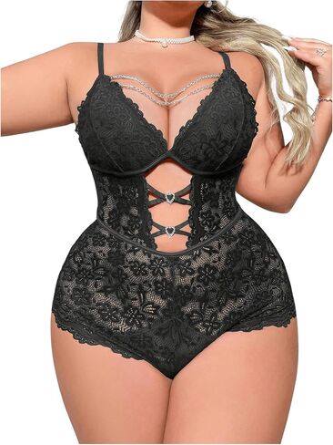 Milumia Women's Plus Size Cut Out Chain Floral Lace Lingerie Bodysuits in Kuwait