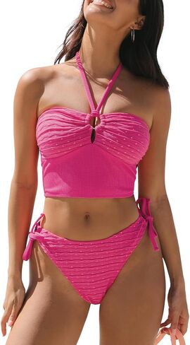 CUPSHE Women's Tankini Sets Two Piece Swimsuit Sweetheart Halter Neck O Ring Bathing Suit Self Tie Drawstring Textured in Saudi Arabia
