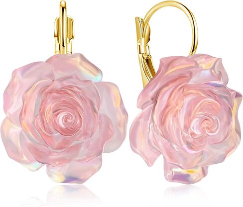 Handmade Bohemian Aesthetic Dainty Acrylic Flower Petal Leverback Earrings Sparkly 14K Gold Floral Dangle Drop Earrings for Women in Kuwait