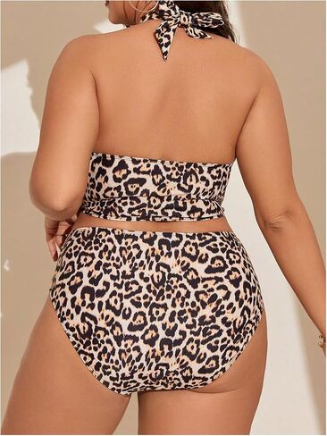 MakeMeChic Women's Plus Size Leopard Print Bikini Set Halter Backless Bathing Suit with Cover Up Skirt in Kuwait