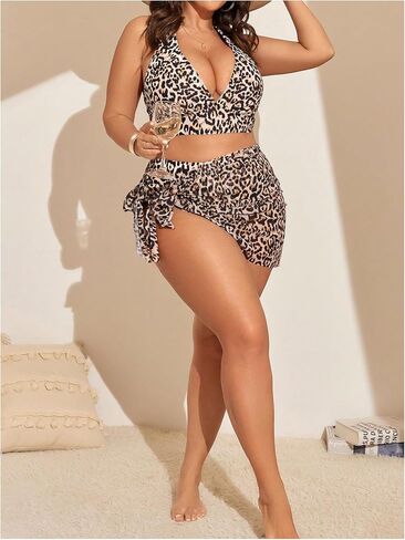 MakeMeChic Women's Plus Size Leopard Print Bikini Set Halter Backless Bathing Suit with Cover Up Skirt in Kuwait