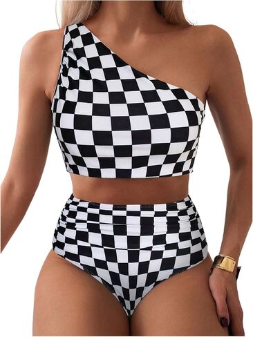 SOLY HUX Women's Plaid Bathing Suit Checkered Print One Shoulder Ruched High Waisted Bikini Set Two Piece Swimsuit in Saudi Arabia