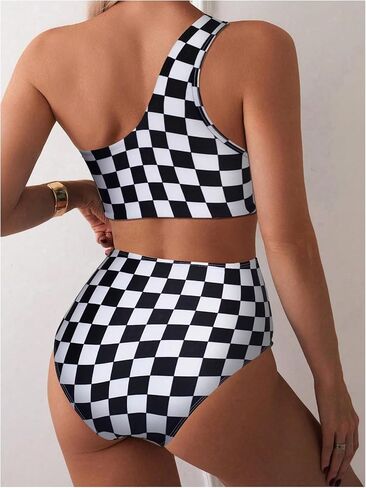 SOLY HUX Women's Plaid Bathing Suit Checkered Print One Shoulder Ruched High Waisted Bikini Set Two Piece Swimsuit in Saudi Arabia