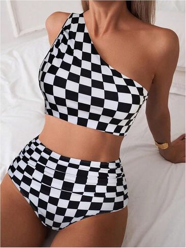 SOLY HUX Women's Plaid Bathing Suit Checkered Print One Shoulder Ruched High Waisted Bikini Set Two Piece Swimsuit in Saudi Arabia
