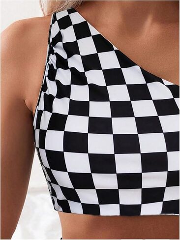 SOLY HUX Women's Plaid Bathing Suit Checkered Print One Shoulder Ruched High Waisted Bikini Set Two Piece Swimsuit in Saudi Arabia