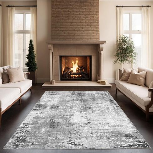 8'x10' Area Rug for Living Room Bedroom Machine Washable Non Slip Vintage Carpet Foldable Floor Cover Kitchen Accent Indoor Mat Throw Rug for Laundry Dining Room Bathroom Office, Grey in Saudi Arabia