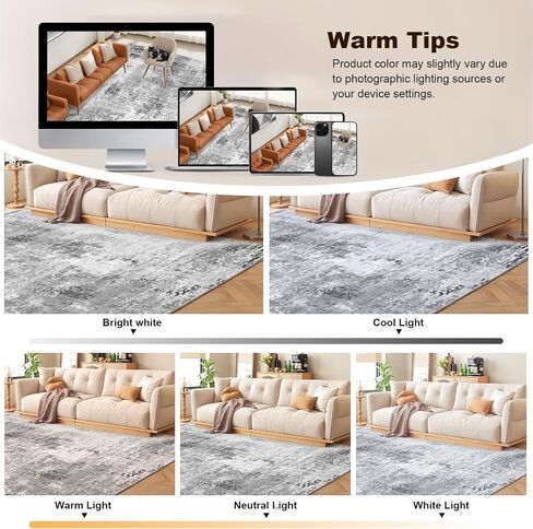 8'x10' Area Rug for Living Room Bedroom Machine Washable Non Slip Vintage Carpet Foldable Floor Cover Kitchen Accent Indoor Mat Throw Rug for Laundry Dining Room Bathroom Office, Grey in Saudi Arabia