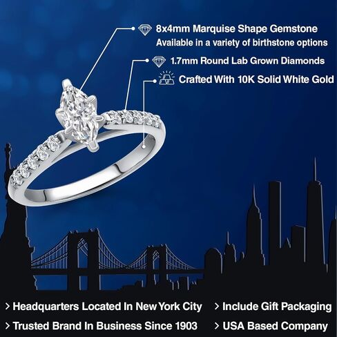 GEM Stone King 10K الذهب الأبيض 8 × 4MM ماركيز قطع الأحجار الكريمة الحجر المولد و WHITE LAB خاتم الخطوبة الماس نمت للنساء | خاتم الذهب للنساء | متوفر بحجم 5،6،7،8،9 in Kuwait