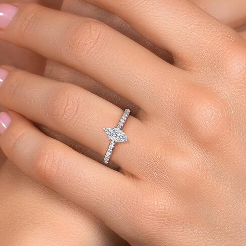 GEM Stone King 10K الذهب الأبيض 8 × 4MM ماركيز قطع الأحجار الكريمة الحجر المولد و WHITE LAB خاتم الخطوبة الماس نمت للنساء | خاتم الذهب للنساء | متوفر بحجم 5،6،7،8،9 in Kuwait