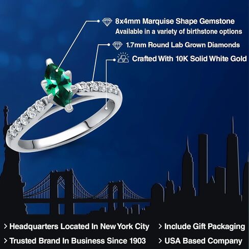 GEM Stone King 10K الذهب الأبيض 8 × 4MM ماركيز قطع الأحجار الكريمة الحجر المولد و WHITE LAB خاتم الخطوبة الماس نمت للنساء | خاتم الذهب للنساء | متوفر بحجم 5،6،7،8،9 in Kuwait