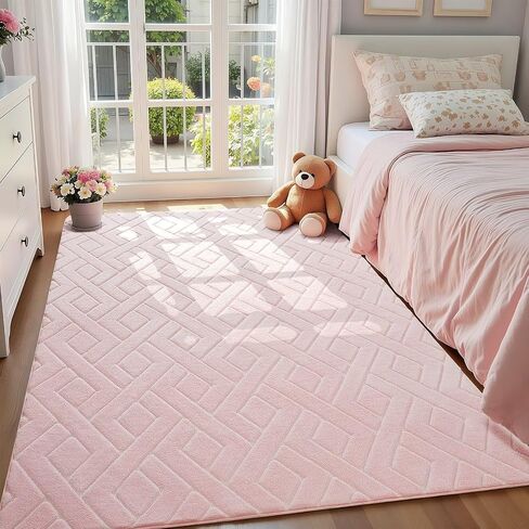 Ultra Soft Pink Area Rug for Girls Bedroom, 4x6 Modern Geometric Shag Rugs with Nonslip Backing for Living Room, Washable Fuzzy Carpet for Cozy Kids Room Nursery in Saudi Arabia