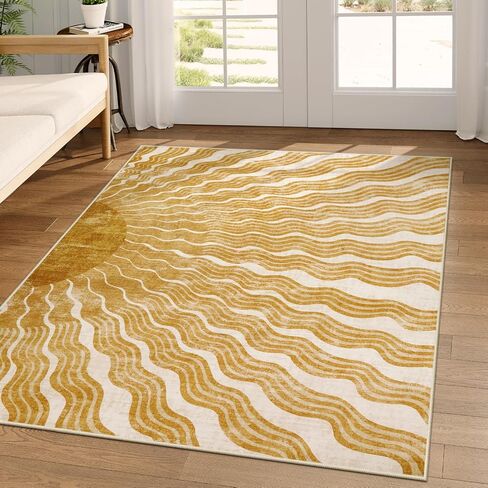 Boho Washable 5x7, Sun Print Soft Nursery Rug for Bedroom Ultra-Thin Kids Non Slip, Stain Resistant Classroom Carpet for Living Room Office (5'x 7', Gold/Multi) in Saudi Arabia