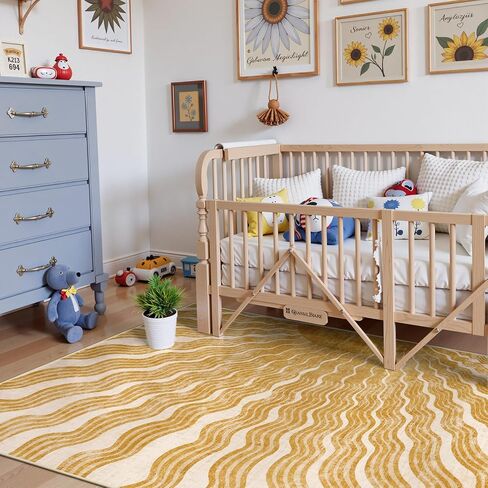 Boho Washable 5x7, Sun Print Soft Nursery Rug for Bedroom Ultra-Thin Kids Non Slip, Stain Resistant Classroom Carpet for Living Room Office (5'x 7', Gold/Multi) in Saudi Arabia