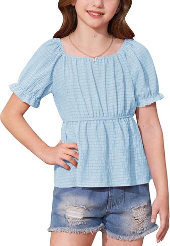 BesserBay Girls Summer Cute Puff Sleeve Off Shoulder Top Peplum Babydoll Square Neck Shirt 6-14 Years in Saudi Arabia