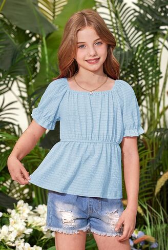 BesserBay Girls Summer Cute Puff Sleeve Off Shoulder Top Peplum Babydoll Square Neck Shirt 6-14 Years in Saudi Arabia
