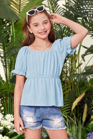 BesserBay Girls Summer Cute Puff Sleeve Off Shoulder Top Peplum Babydoll Square Neck Shirt 6-14 Years in Saudi Arabia