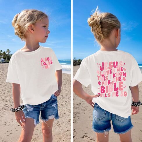 Girl's Christian Graphic Tees Jesus Loves Me Shirts for Kids Cute Faith Floral Tshirt Religious Bible Verse Tops in Saudi Arabia