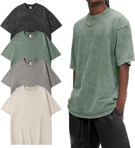 Eisctnd Men Oversized T Shirts, 4 Pack Heavy Cotton Vintage Tee Loose Fit Short Sleeve Casual Basic Washed Unisex Tops in Kuwait