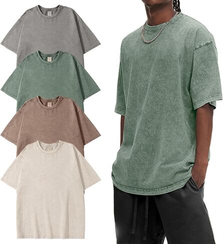 Eisctnd Men Oversized T Shirts, 4 Pack Heavy Cotton Vintage Tee Loose Fit Short Sleeve Casual Basic Washed Unisex Tops in Kuwait