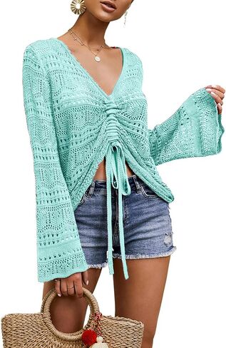 Spicy Sandia Women's Crochet Tops Tie Front Summer Sweater Bell Sleeve Boho Tops Beach Vacation Outfit Swimsuit Cover Up in Saudi Arabia