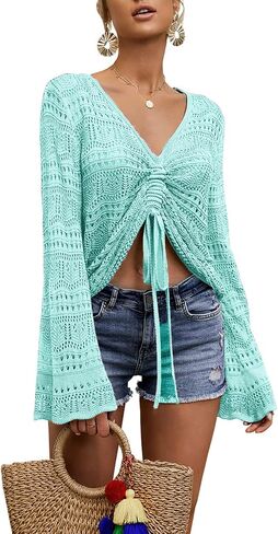 Spicy Sandia Women's Crochet Tops Tie Front Summer Sweater Bell Sleeve Boho Tops Beach Vacation Outfit Swimsuit Cover Up in Saudi Arabia