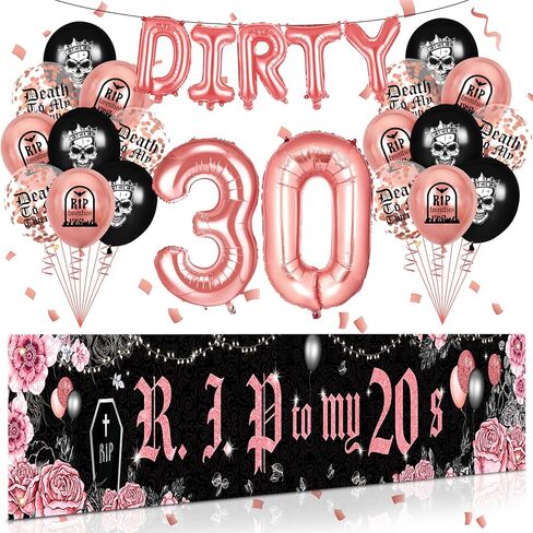 Dirty 30th Birthday Party Decorations for Her Him Death to My 20s Rip to My 20s Banner Balloons Birthday Decorations Black 30th Birthday Balloons Decorations for Women Men Dirty 30 Birthday Supplies in Saudi Arabia