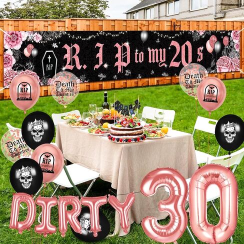Dirty 30th Birthday Party Decorations for Her Him Death to My 20s Rip to My 20s Banner Balloons Birthday Decorations Black 30th Birthday Balloons Decorations for Women Men Dirty 30 Birthday Supplies in Saudi Arabia