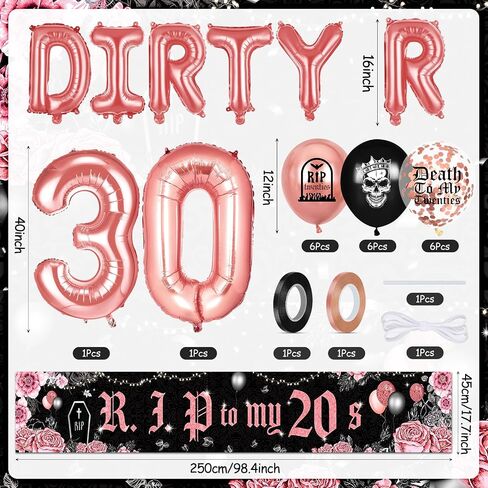 Dirty 30th Birthday Party Decorations for Her Him Death to My 20s Rip to My 20s Banner Balloons Birthday Decorations Black 30th Birthday Balloons Decorations for Women Men Dirty 30 Birthday Supplies in Saudi Arabia