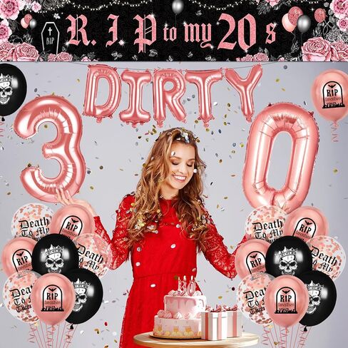 Dirty 30th Birthday Party Decorations for Her Him Death to My 20s Rip to My 20s Banner Balloons Birthday Decorations Black 30th Birthday Balloons Decorations for Women Men Dirty 30 Birthday Supplies in Saudi Arabia