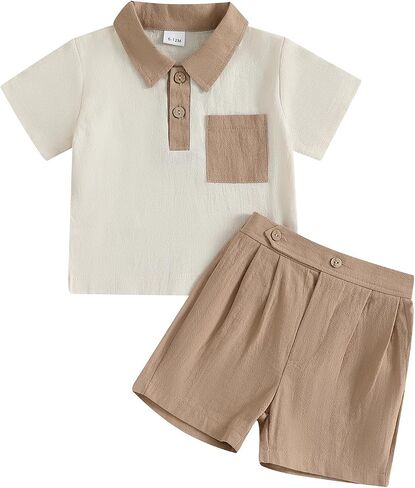 Toddler Boy Summer Clothes Button Lapel Collar T-Shirt & Casual Shorts Cotton Line 2Pcs Outfits in Kuwait