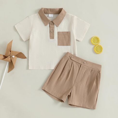 Toddler Boy Summer Clothes Button Lapel Collar T-Shirt & Casual Shorts Cotton Line 2Pcs Outfits in Kuwait