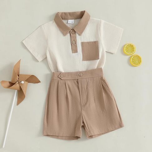 Toddler Boy Summer Clothes Button Lapel Collar T-Shirt & Casual Shorts Cotton Line 2Pcs Outfits in Kuwait