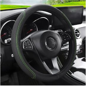 LoyaForba Leather Car Steering Wheel Cover, Elastic Breathable Anti-Slip Steering Wheel Protector, Car Interior Accessories for Men Women, Universal 15 Inch for Most Cars (Black/Green)