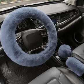 Valleycomfy 4PCS Set Fluffy Steering Wheel Cover with Handbrake Cover & Gear Shift Cover Fuzzy Steering Wheel Cover for Women Plush Car Wheel Cover Universal Fit 15 Inch Black