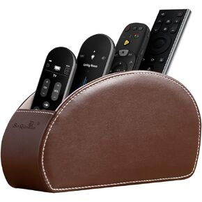 Remote Control Holder , PU Leather Organizer Box with 5 Compartments for Table Bed Office ,Remote Caddy Desktop Storage Home Accessories for Controllers , Media Player ,Make up Brush ,Pen (Brown-A)