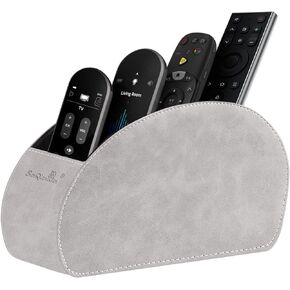 Remote Control Holder , PU Leather Organizer Box with 5 Compartments for Table Bed Office ,Remote Caddy Desktop Storage Home Accessories for Controllers , Media Player ,Make up Brush ,Pen (Brown-A)