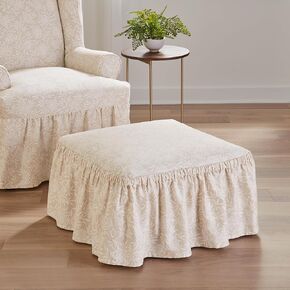 SureFit Essential Twill Ruffled Ottoman Slipcover, Ottoman Covers with Cotton-Printed Two-Piece Design and Ruffled Skirt, Machine Washable Ottoman Cover, Neutral Floral
