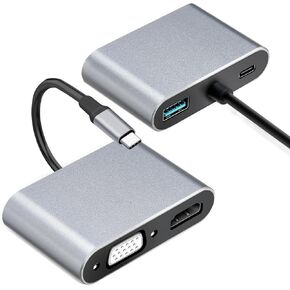 USB C to VGA HDTV MultiPort Adapter, Ultra Portable 4-in-1 USB Type-C Multiport 4K HDTV VGA Port Hub Compatible for MacBook Pro/Dell XPS/Samsung Galaxy (Grey)