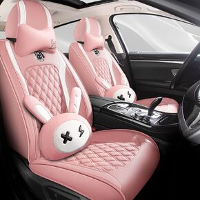 Cute Cartoon Bunny car seat Cover 5 Set with Waterproof PU Leather for Cars SUV Pick-up Truck Universal Fit Set (Cartoon Pink)
