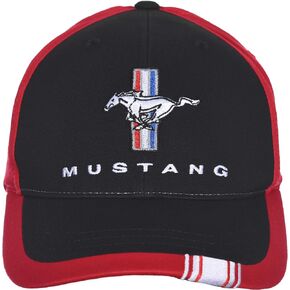 Checkered Flag Men's Ford Mustang Cap Logo Rally Stripe Black & Red Hat